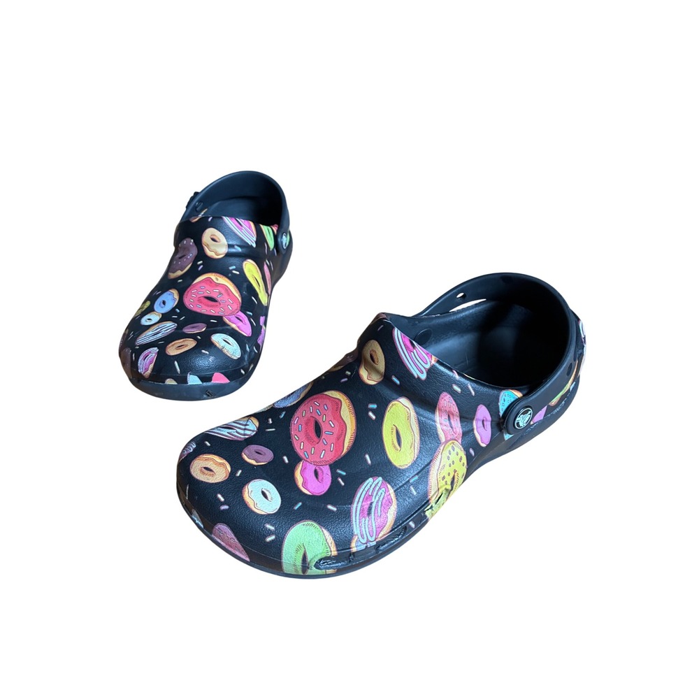 Crocs Bistro Clogs Black Donut Print Slip Resistant Work Shoes Mens 8 Womens 10